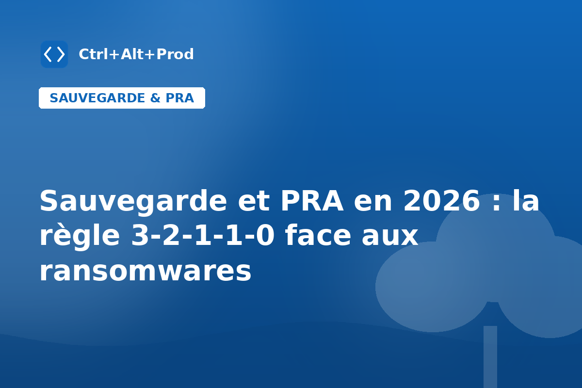 Sauvegarde et PRA en 2026 : la règle 3-2-1-1-0 face aux ransomwares — illustration Ctrl+Alt+Prod (sauvegarde PRA ransomware)